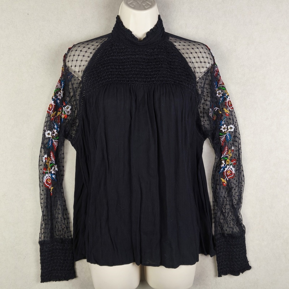 Rocks & Indigo Black Sheer Lace Embroidered Sleeve Boho Blouse Top XL